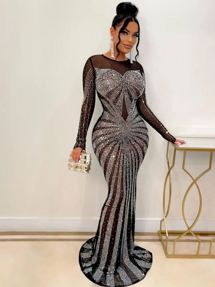 Women's Floor-Length Dress Round Neck Full Sleeve Party Gown Hot Drilling Hip Wrap Sexy Vestidos Evening Slim Fit