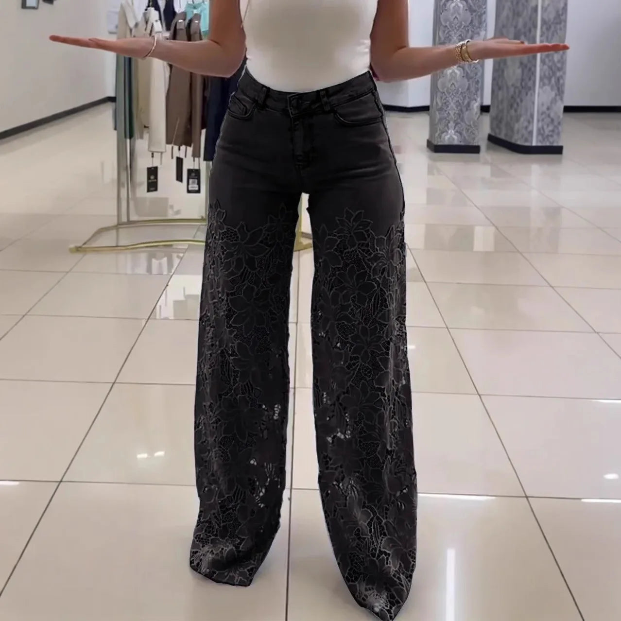 Fashion Elegant Jeans for Women High Waist Lace Patchwork Pants Hollow Out Oversized Spring Casual Loose All Match Pants