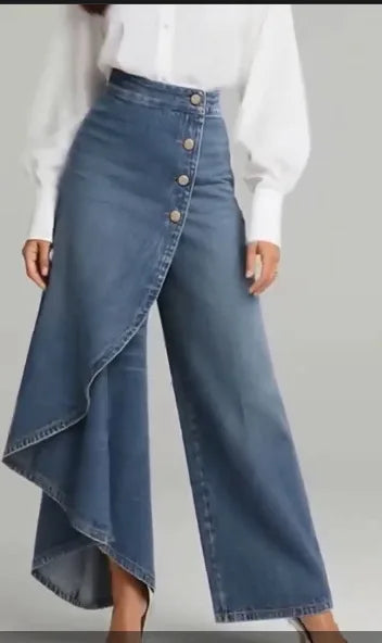 Irregular Imitation Jeans Spring Summer Women's Long Hem Solid Color Casual Single-breasted Loose Trousers