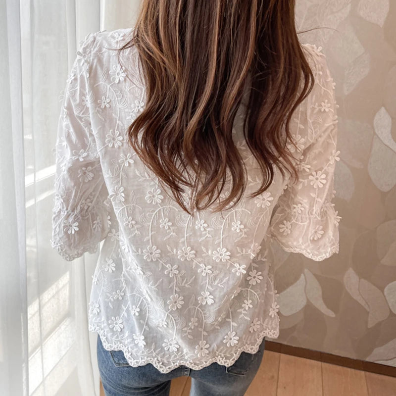 Summer Elegant Lace Tops for Women, Embroidery Floral Cotton White Shirt, 2026 Fashion Spring Casual Short Sleeve Blouses 9638