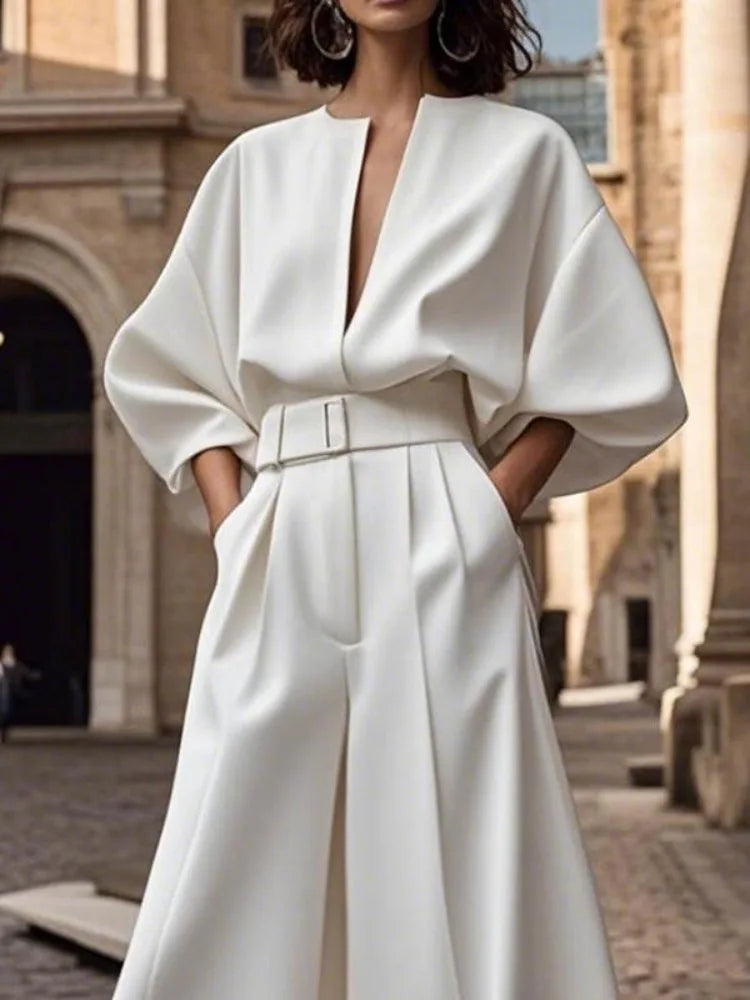 Women's Luxury Minimalist Workwear Jumpsuit V Neck Puff Sleeve High Waist Wide Leg Floor Length Jumpsuit Casual One-piece Suit