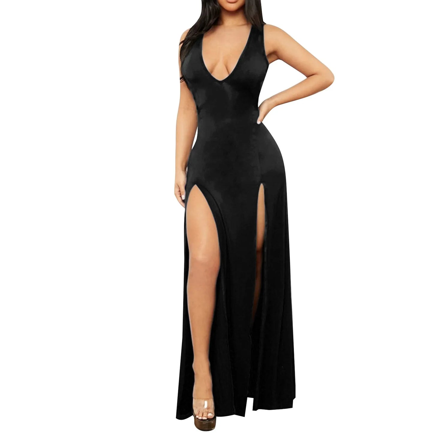 Sexy High Slit Women's Dresses 2025 Summer Deep V Neck Casual Blue Party Evening Dresses Elegant Bodycon Slim Night Club Dress