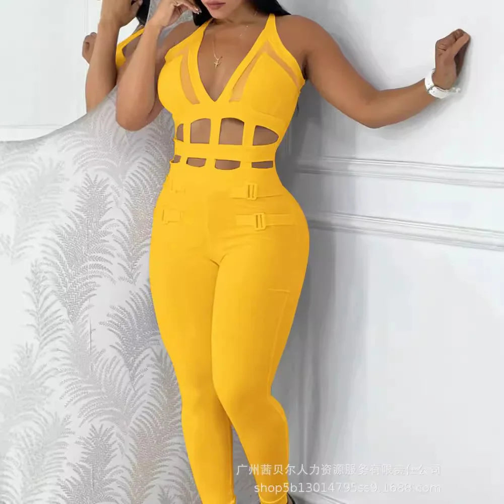 Women's Jumpsuit Summer New Sleeveless New Fashionable Hollow Camisole Buckle Comparison Mesh Tight Jumpsuit