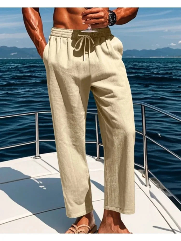 2026 New Men's Cotton and Linen Casual Pants, Straight-Leg, Simple and Comfortable, with Drawstring Waist