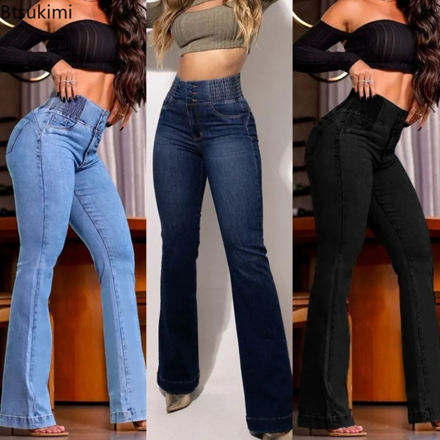 Spring Fashion Women's Casual Jeans Button Front Elastic High Waist Denim Pants for Women Sexy Elegant Female Trousers