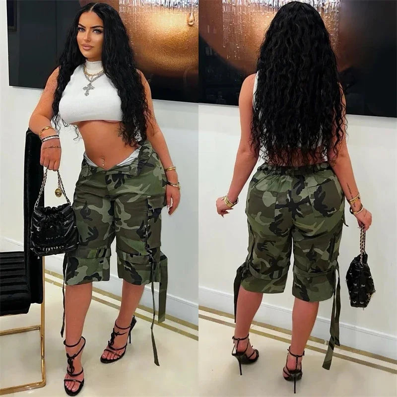 Streetwear Print Camouflage Pants Women's High Waist Harajuku Baggy Knee-Length Shorts Army Cargo Pants Y2K Pantalon Femme