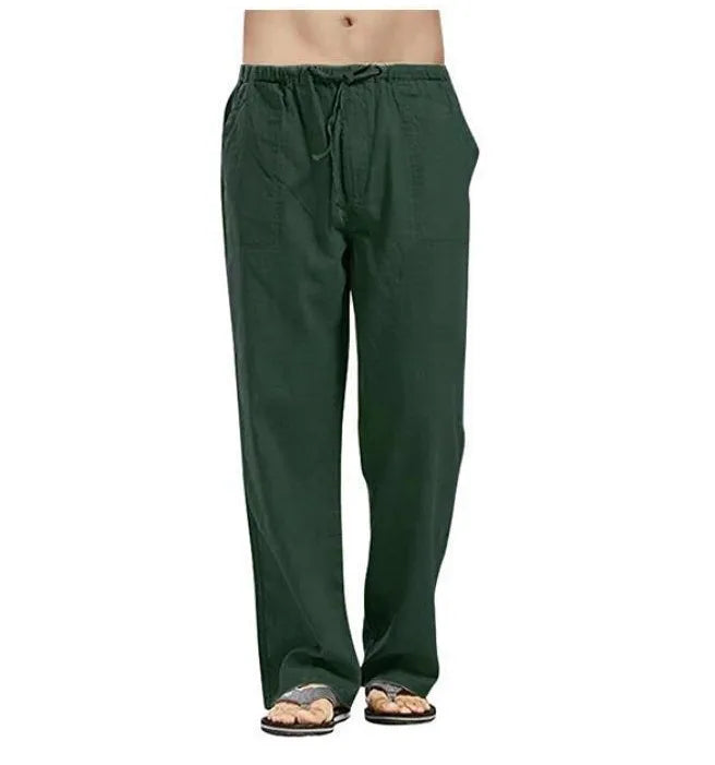 Hot Men Cotton Linen Trousers Solid Color Elastic Waist Loose Long Trousers Men's Hip-hop Breathable Casual Pants