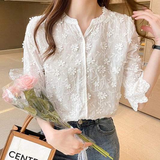 Summer Elegant Lace Tops for Women, Embroidery Floral Cotton White Shirt, 2026 Fashion Spring Casual Short Sleeve Blouses 9638