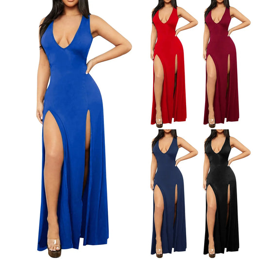 Sexy High Slit Women's Dresses 2025 Summer Deep V Neck Casual Blue Party Evening Dresses Elegant Bodycon Slim Night Club Dress