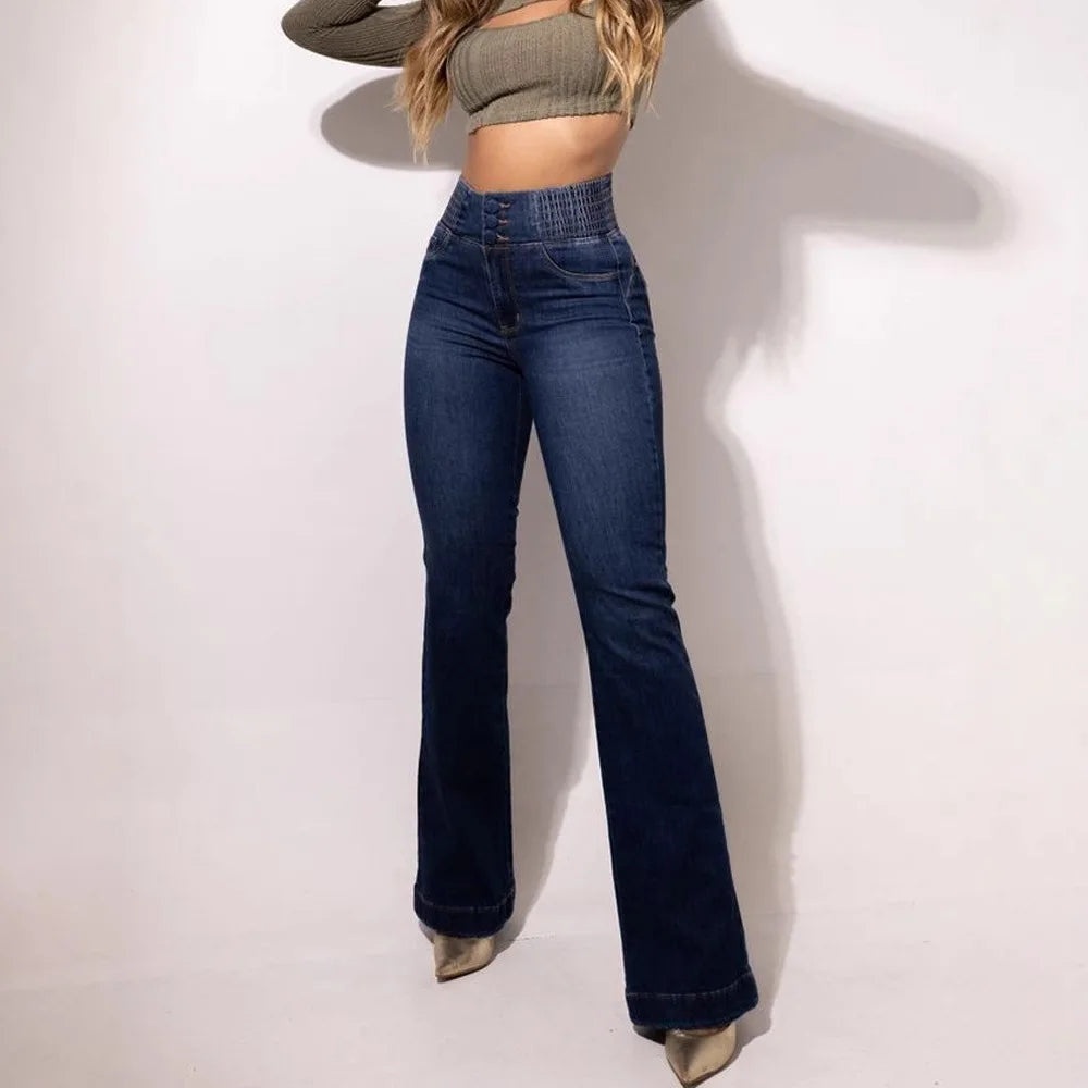 Spring Fashion Women's Casual Jeans Button Front Elastic High Waist Denim Pants for Women Sexy Elegant Female Trousers