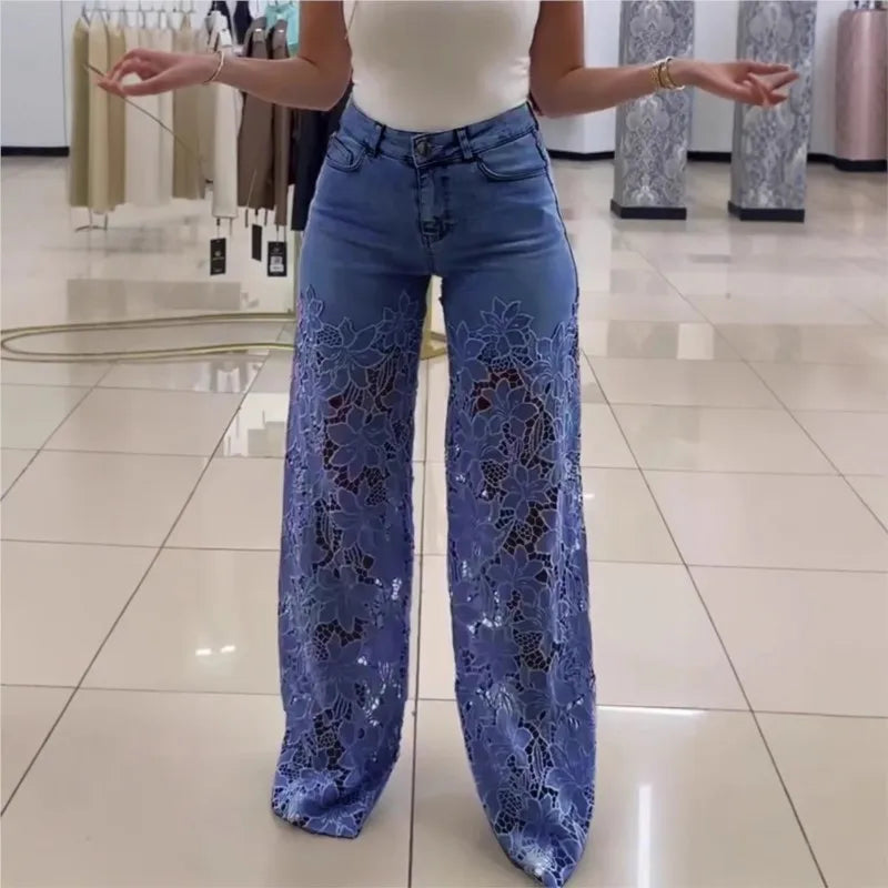 Fashion Elegant Jeans for Women High Waist Lace Patchwork Pants Hollow Out Oversized Spring Casual Loose All Match Pants
