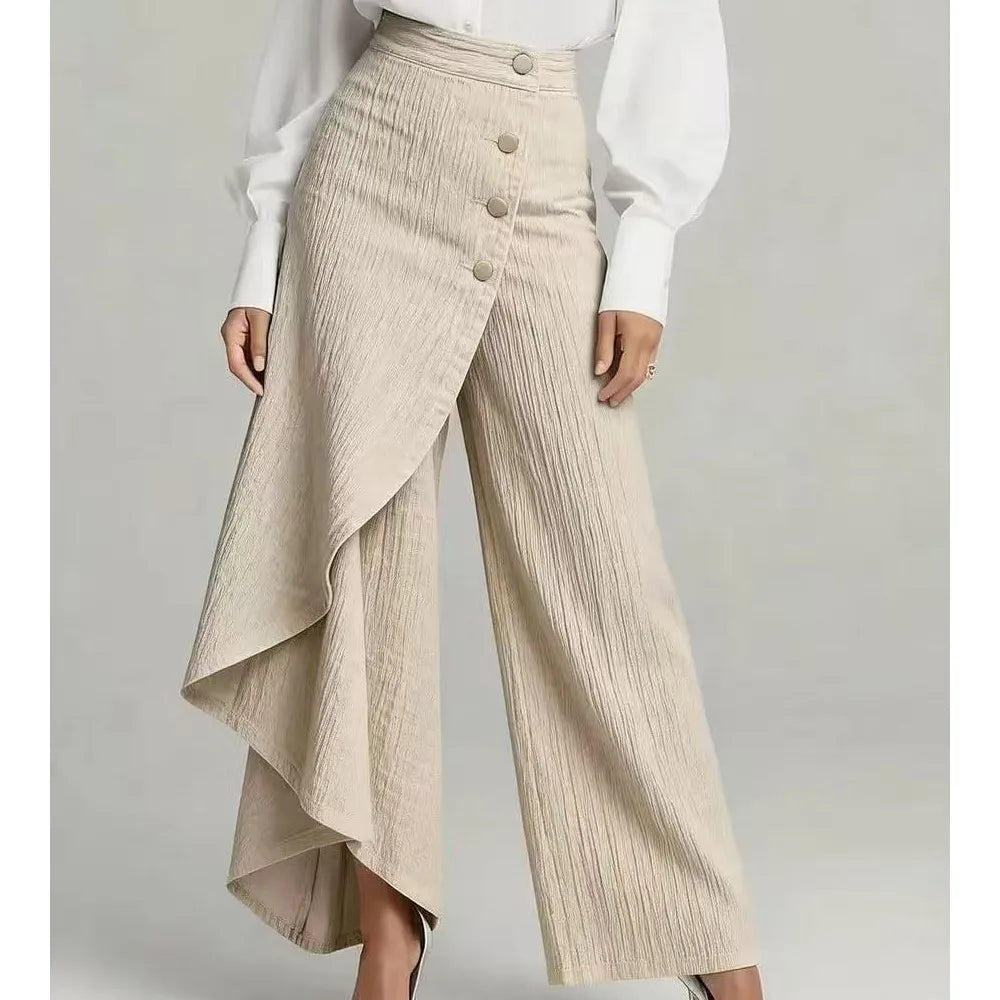 Irregular Imitation Jeans Spring Summer Women's Long Hem Solid Color Casual Single-breasted Loose Trousers