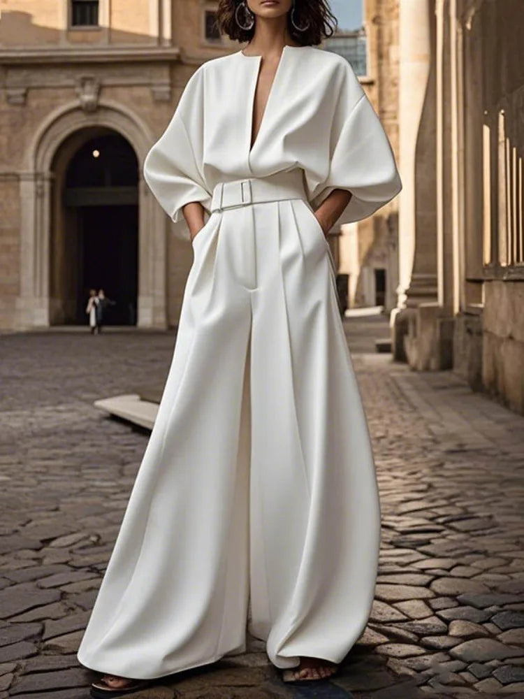 Women's Luxury Minimalist Workwear Jumpsuit V Neck Puff Sleeve High Waist Wide Leg Floor Length Jumpsuit Casual One-piece Suit