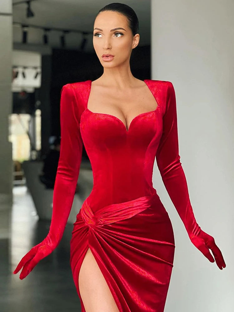 Elegant Cryptographic Gown Long Dress Evening Club Outfits for Women Gloves Sleeve Velvet Sexy Slit Maxi Ruched Dresses