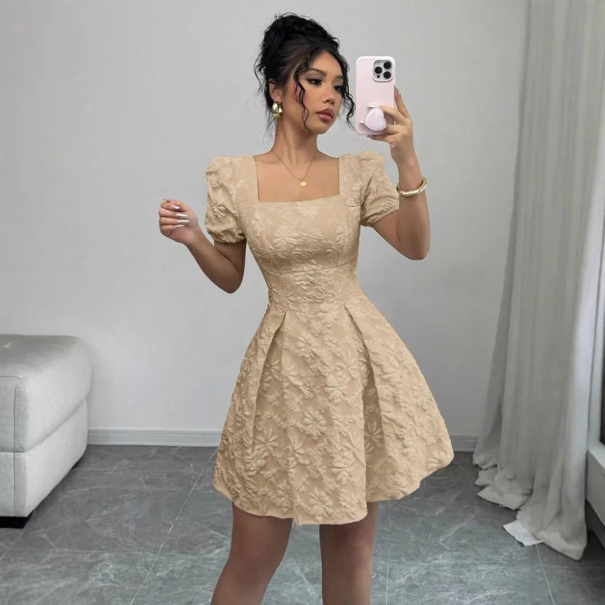 Boho Dresses for Women Summer Square Neck Short Sleeve A-Line Dress Women's Office Commuting Versatile Beach Vacation Dress