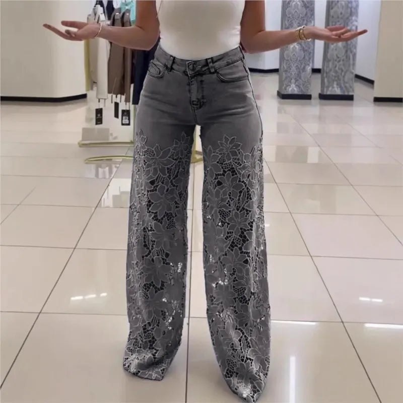 Fashion Elegant Jeans for Women High Waist Lace Patchwork Pants Hollow Out Oversized Spring Casual Loose All Match Pants