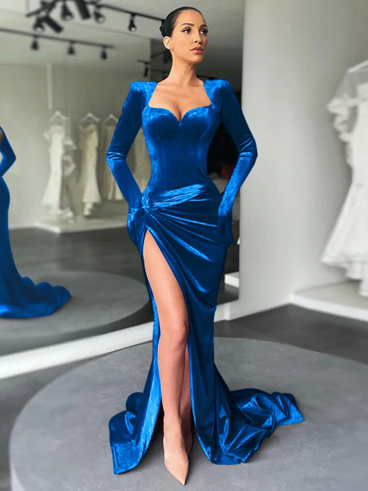 Elegant Cryptographic Gown Long Dress Evening Club Outfits for Women Gloves Sleeve Velvet Sexy Slit Maxi Ruched Dresses