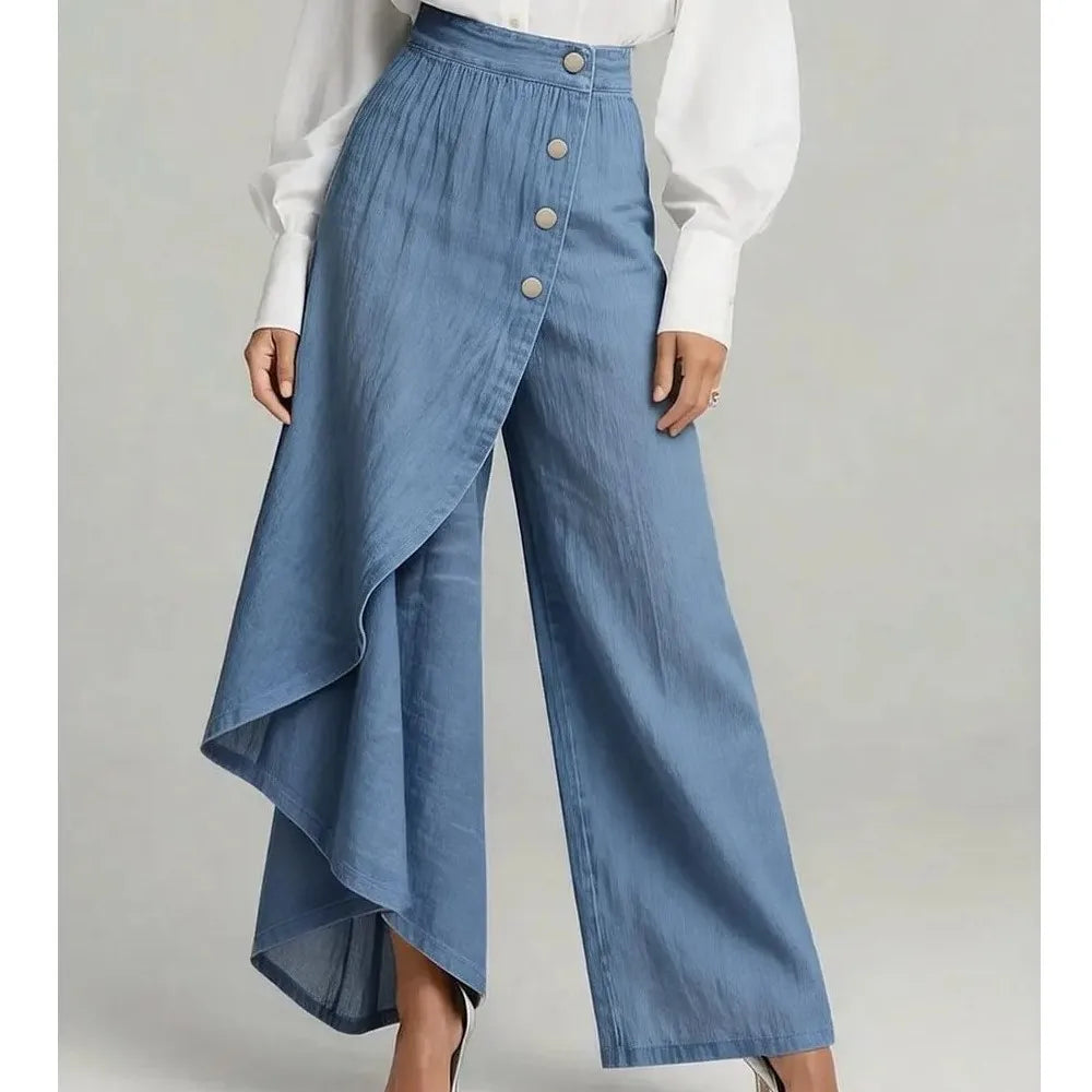 Irregular Imitation Jeans Spring Summer Women's Long Hem Solid Color Casual Single-breasted Loose Trousers