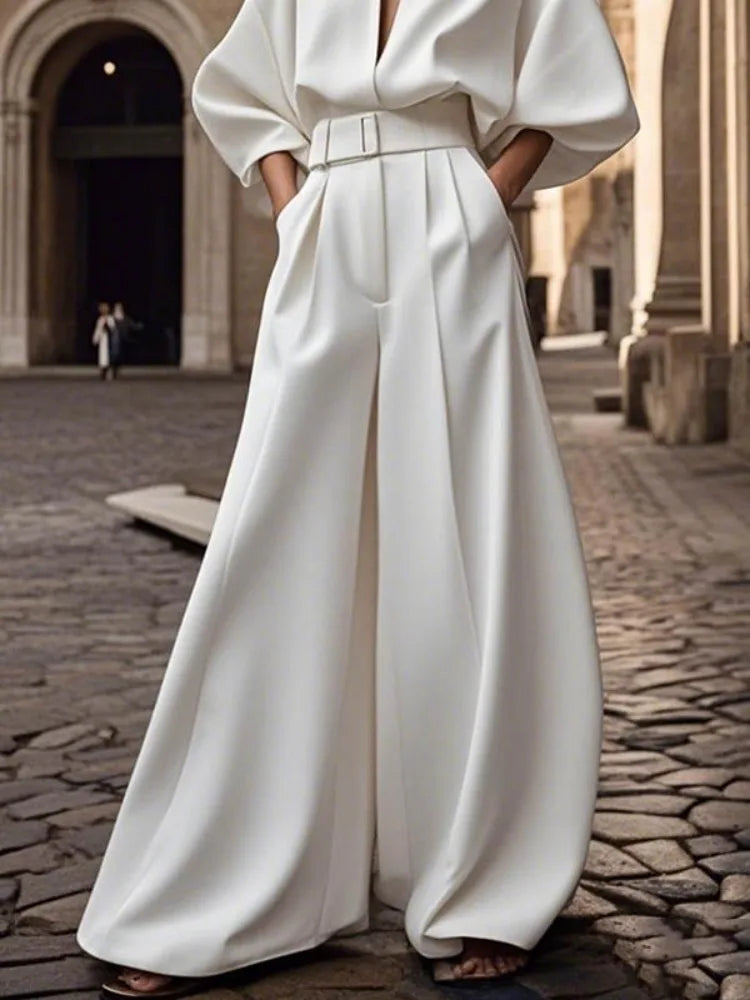 Women's Luxury Minimalist Workwear Jumpsuit V Neck Puff Sleeve High Waist Wide Leg Floor Length Jumpsuit Casual One-piece Suit