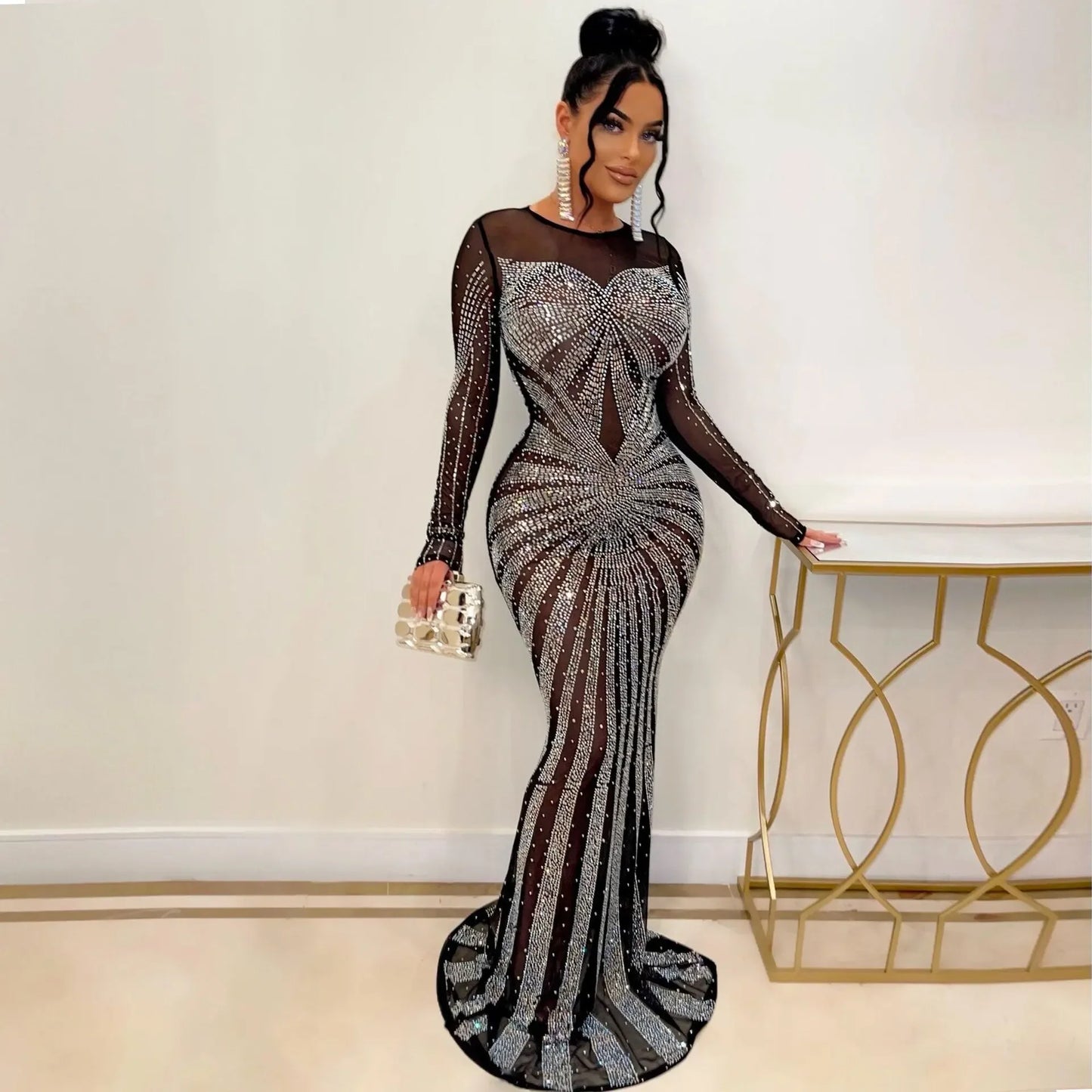 Women's Floor-Length Dress Round Neck Full Sleeve Party Gown Hot Drilling Hip Wrap Sexy Vestidos Evening Slim Fit