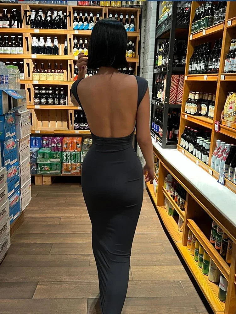 Nibber Solid Sexy Backless Maxi Dress Women Elegant Elastic Slim Short Sleeve Long Dresses Female Bodycon Streetwear Clothing