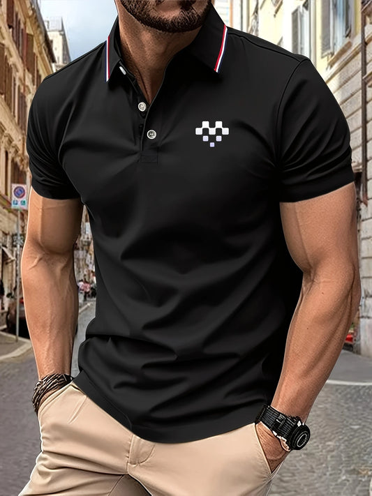 2025 New Men's Polo Shirt Creative Love Print Summer Lapel Stripes Men's Short Sleeve Casual Breathable Light Luxury T-Shirt