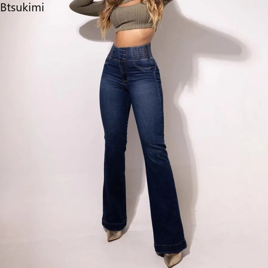 Spring Fashion Women's Casual Jeans Button Front Elastic High Waist Denim Pants for Women Sexy Elegant Female Trousers