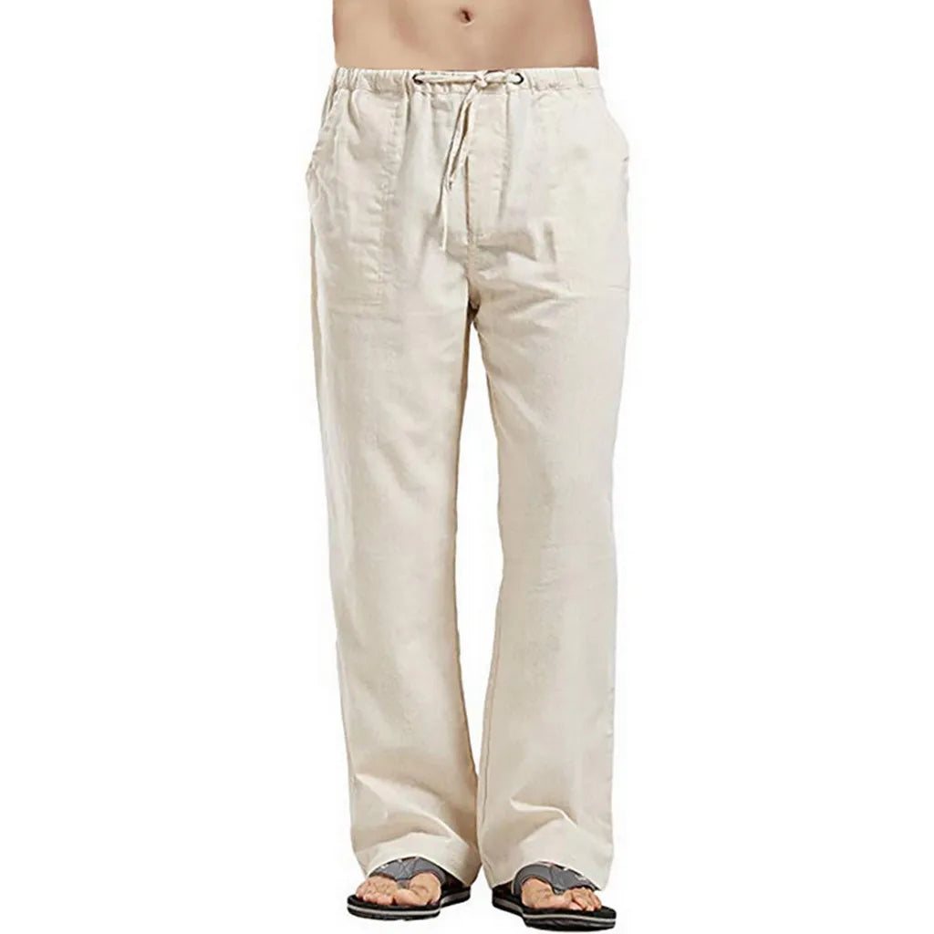 Hot Men Cotton Linen Trousers Solid Color Elastic Waist Loose Long Trousers Men's Hip-hop Breathable Casual Pants