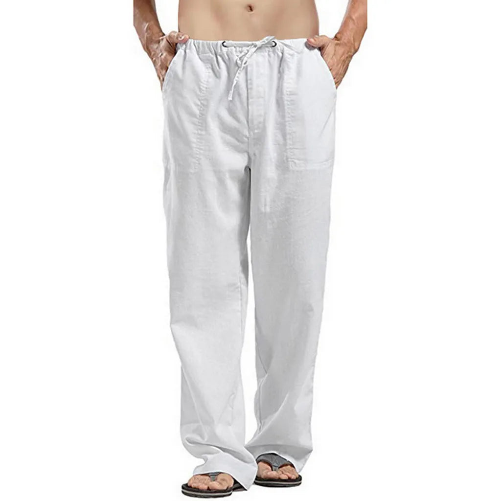 Hot Men Cotton Linen Trousers Solid Color Elastic Waist Loose Long Trousers Men's Hip-hop Breathable Casual Pants