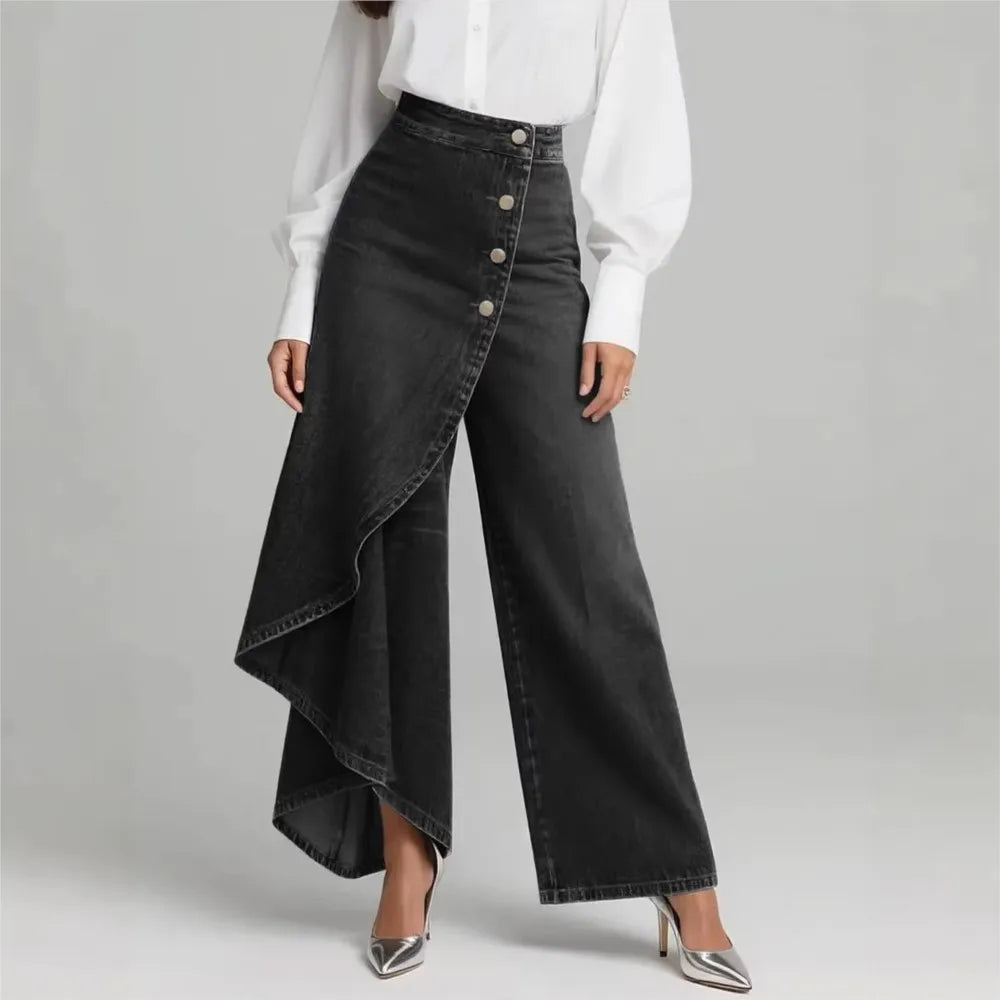 Irregular Imitation Jeans Spring Summer Women's Long Hem Solid Color Casual Single-breasted Loose Trousers