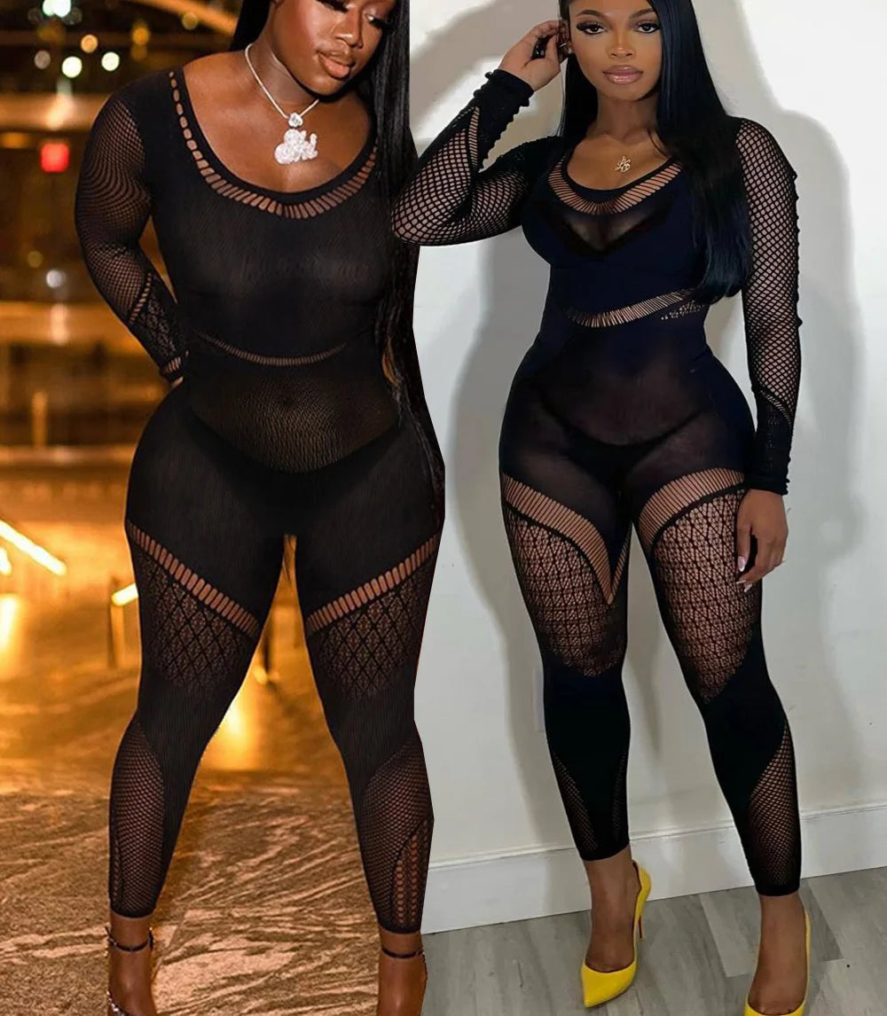 Hollow Out Sexy Curves Nightclub Party Transparent Super Elastic Mesh Playsuit Bodysuit Romper Women's Clothing Romper Jumpsuit