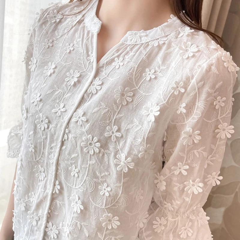 Summer Elegant Lace Tops for Women, Embroidery Floral Cotton White Shirt, 2026 Fashion Spring Casual Short Sleeve Blouses 9638