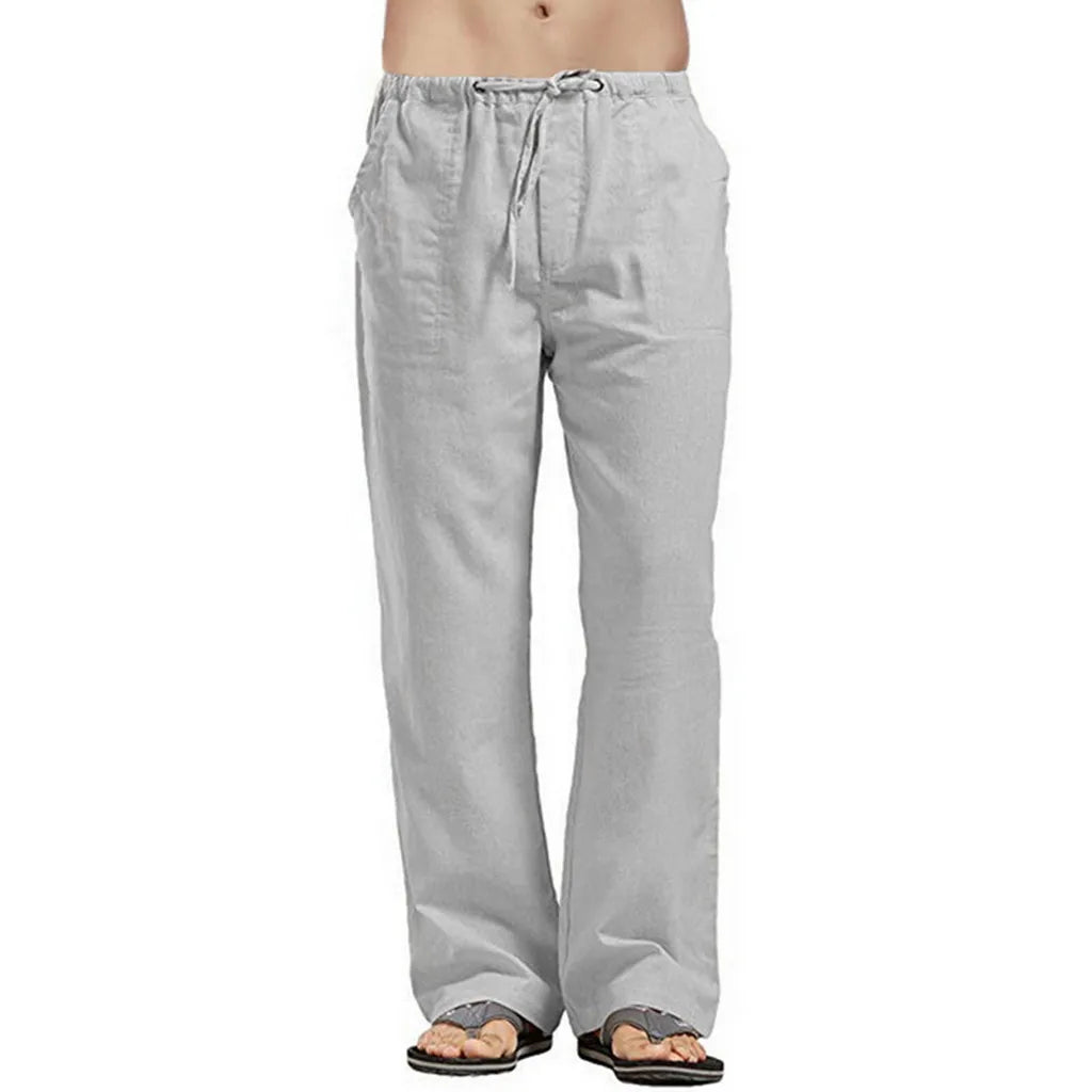 Hot Men Cotton Linen Trousers Solid Color Elastic Waist Loose Long Trousers Men's Hip-hop Breathable Casual Pants