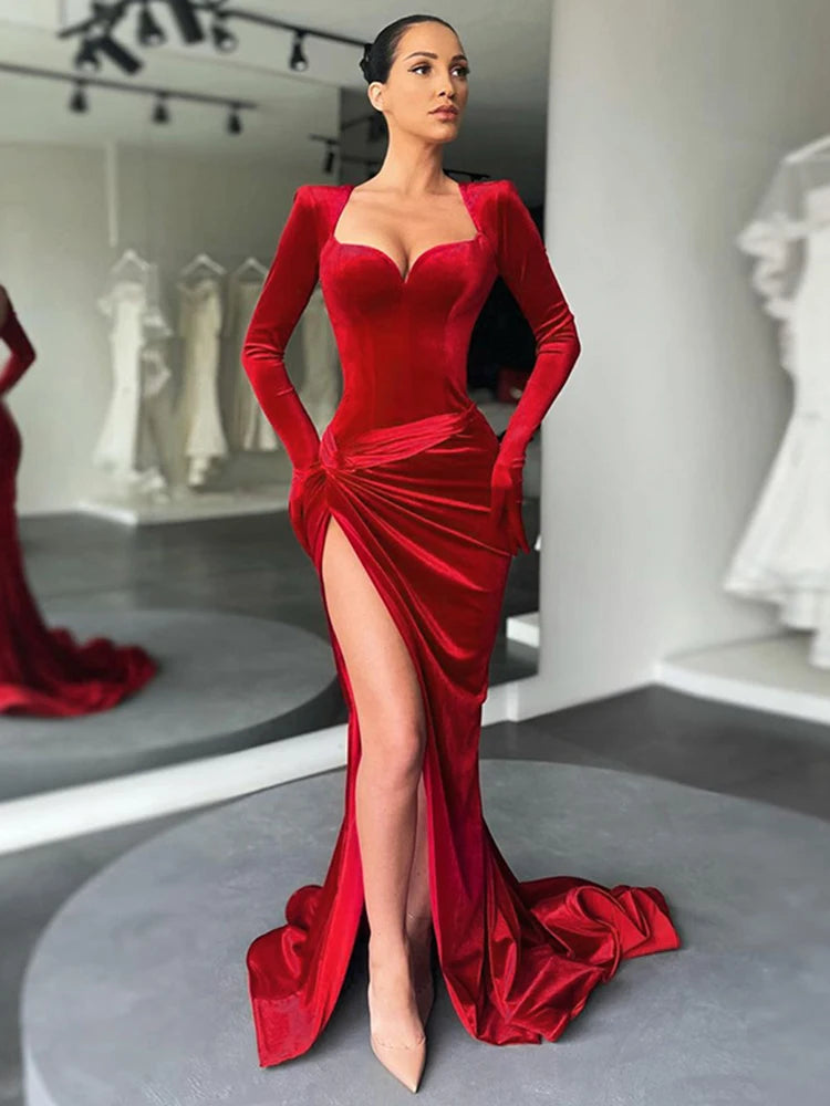 Elegant Cryptographic Gown Long Dress Evening Club Outfits for Women Gloves Sleeve Velvet Sexy Slit Maxi Ruched Dresses