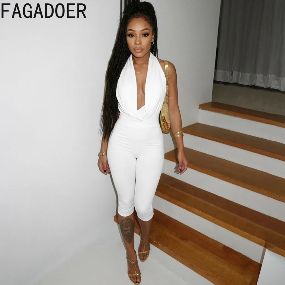 FAGADOER Sexy Bandage Bodycon Jumpsuits for Women Halter Deep V-neck Sleeveless Backless Rompers Female Streetwear Overalls New