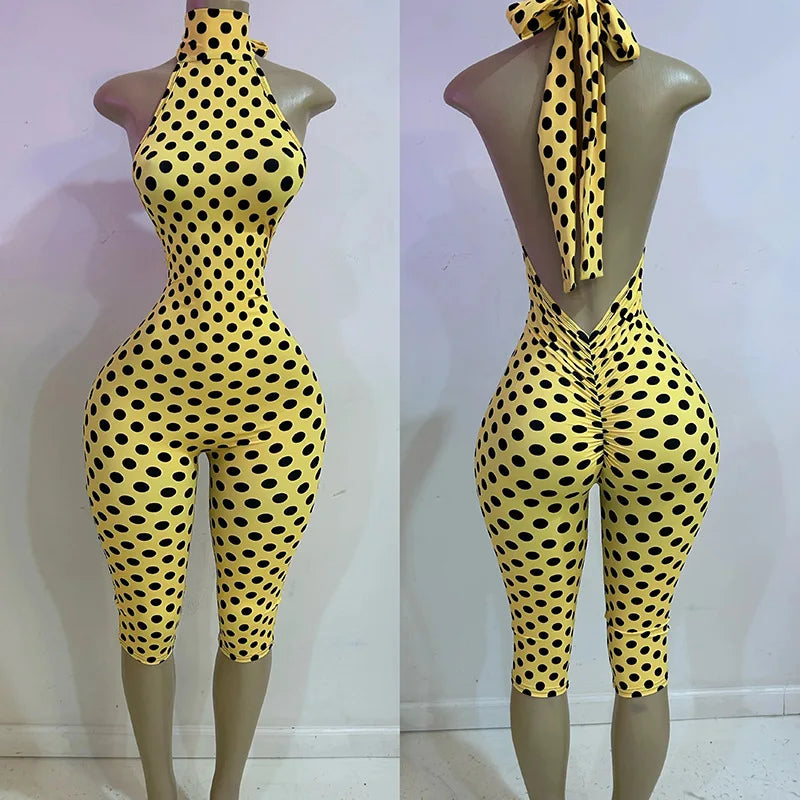 FAGADOER Fashion Color Dot Printing Bodycon Jumpsuits Woman Halter Sleeveless Backless Rompers Female Streetwear Overalls