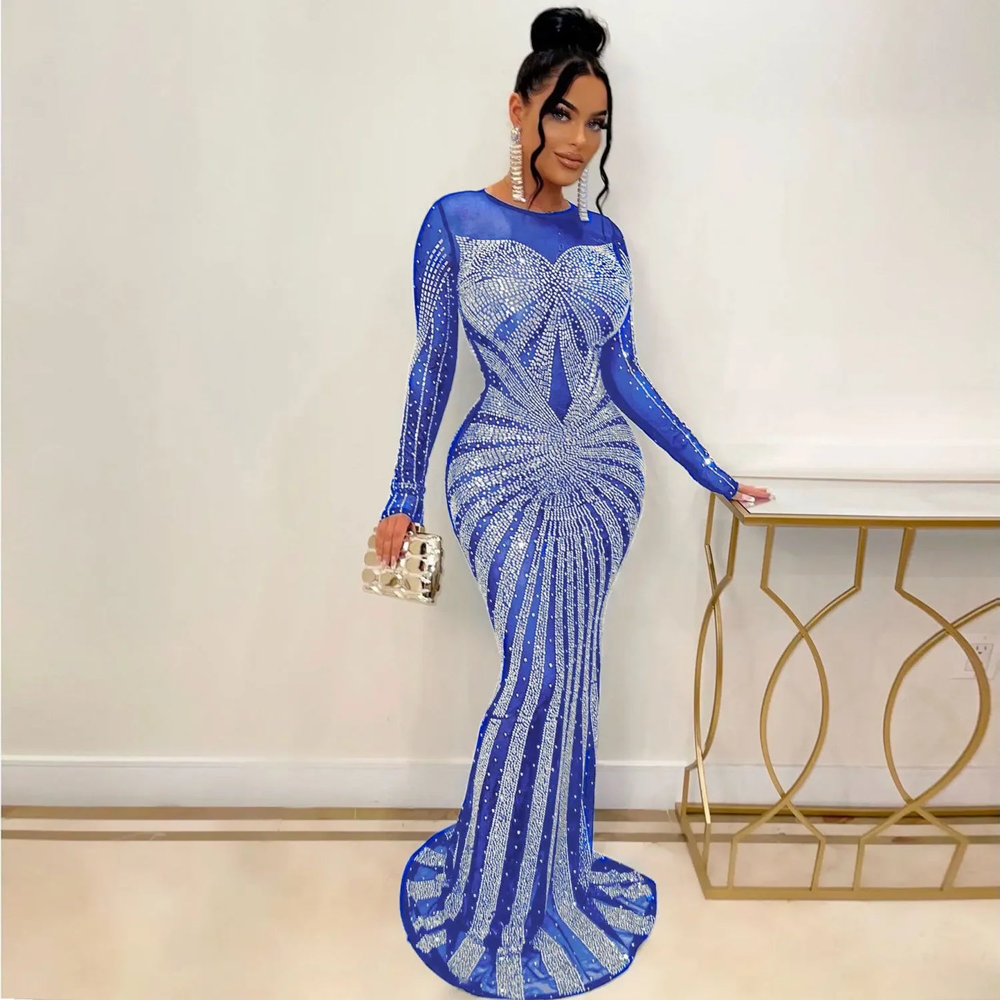 Women's Floor-Length Dress Round Neck Full Sleeve Party Gown Hot Drilling Hip Wrap Sexy Vestidos Evening Slim Fit