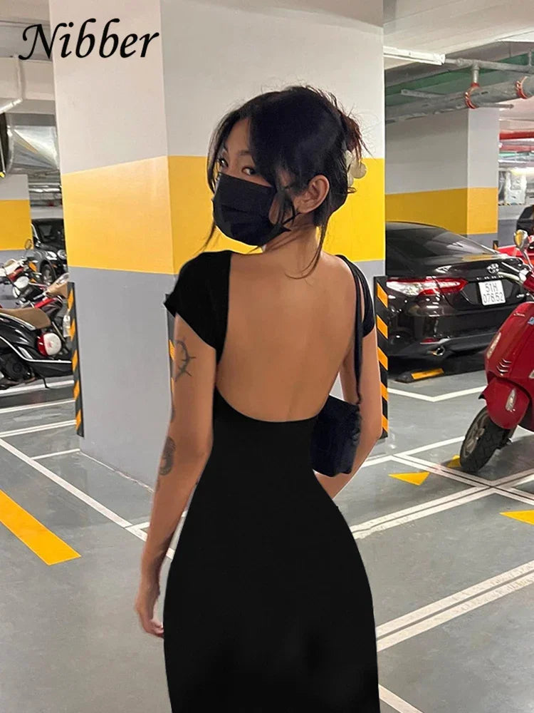 Nibber Solid Sexy Backless Maxi Dress Women Elegant Elastic Slim Short Sleeve Long Dresses Female Bodycon Streetwear Clothing