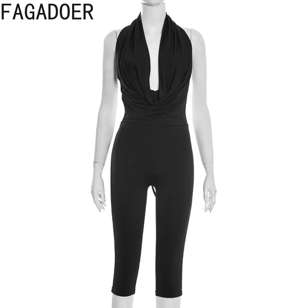 FAGADOER Sexy Bandage Bodycon Jumpsuits for Women Halter Deep V-neck Sleeveless Backless Rompers Female Streetwear Overalls New