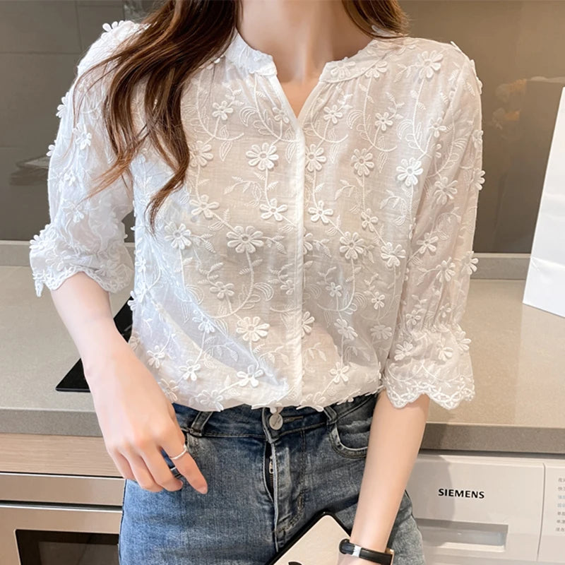 Summer Elegant Lace Tops for Women, Embroidery Floral Cotton White Shirt, 2026 Fashion Spring Casual Short Sleeve Blouses 9638