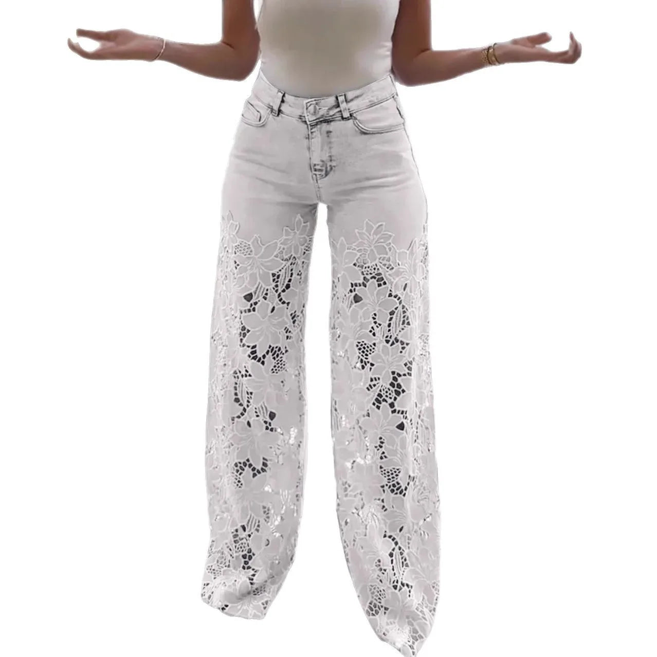Fashion Elegant Jeans for Women High Waist Lace Patchwork Pants Hollow Out Oversized Spring Casual Loose All Match Pants
