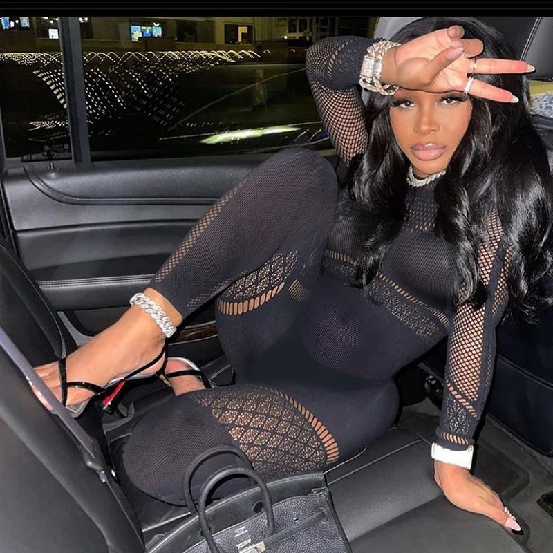 Hollow Out Sexy Curves Nightclub Party Transparent Super Elastic Mesh Playsuit Bodysuit Romper Women's Clothing Romper Jumpsuit