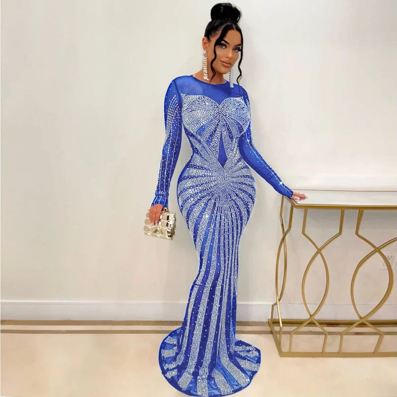 Women's Floor-Length Dress Round Neck Full Sleeve Party Gown Hot Drilling Hip Wrap Sexy Vestidos Evening Slim Fit