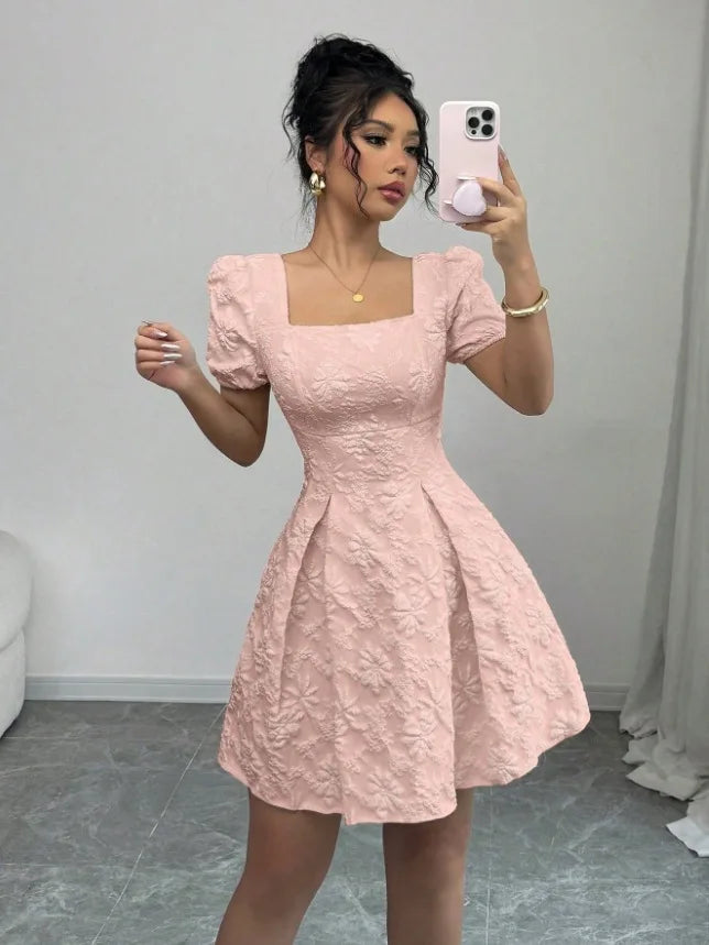 Boho Dresses for Women Summer Square Neck Short Sleeve A-Line Dress Women's Office Commuting Versatile Beach Vacation Dress