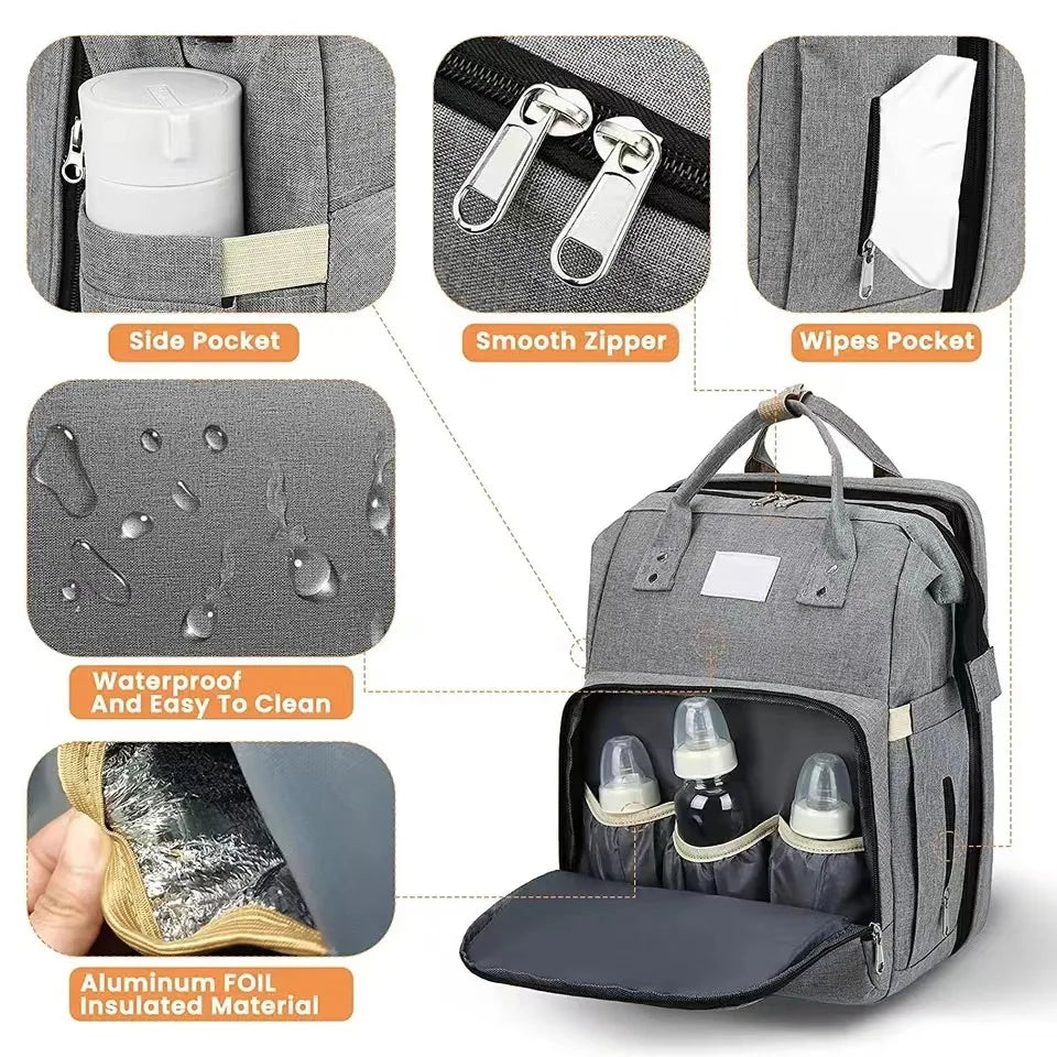 Portable folding crib, mommy bag, multi-functional, lightweight and large-capacity leisure bag, double shoulder mother and baby bag.