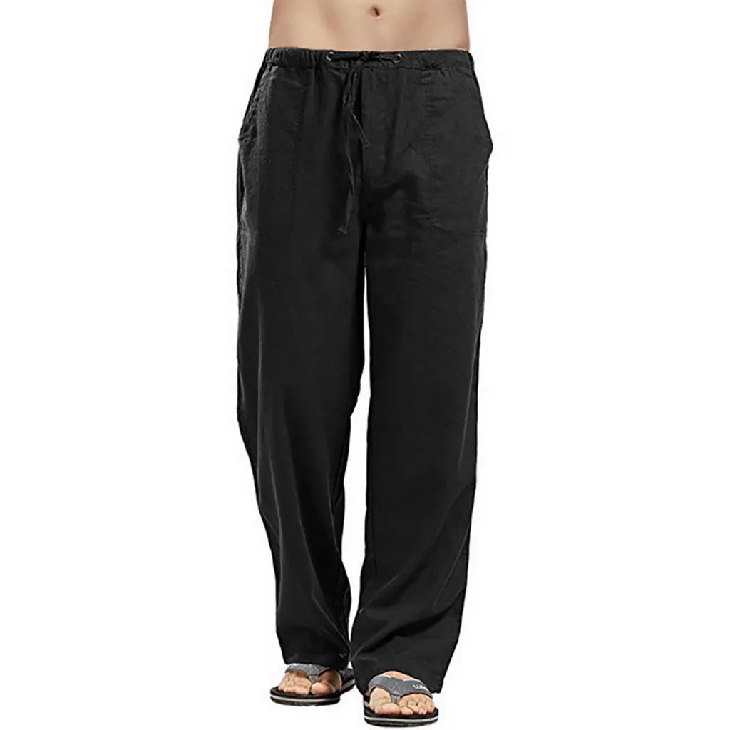 Hot Men Cotton Linen Trousers Solid Color Elastic Waist Loose Long Trousers Men's Hip-hop Breathable Casual Pants