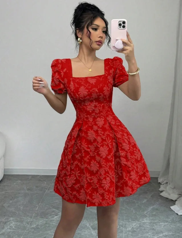 Boho Dresses for Women Summer Square Neck Short Sleeve A-Line Dress Women's Office Commuting Versatile Beach Vacation Dress