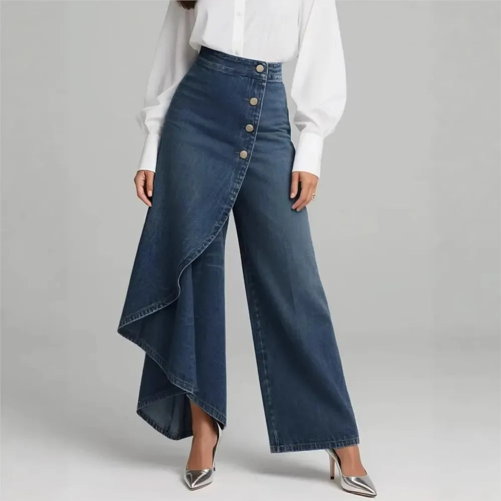 Irregular Imitation Jeans Spring Summer Women's Long Hem Solid Color Casual Single-breasted Loose Trousers
