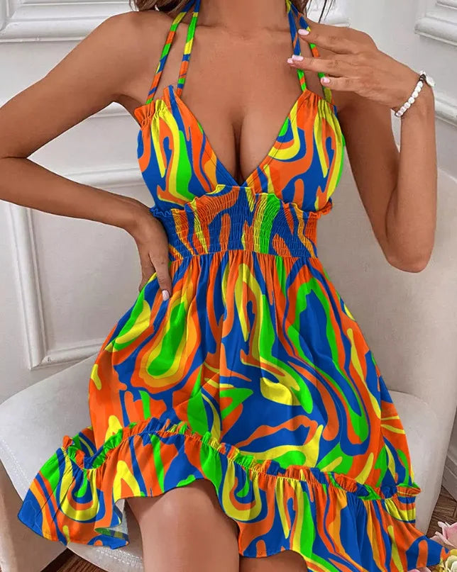 Summer New Trendy Women's Dresses V-Neck Sleeveless Halter Backless Sundress Ruffles Holiday Beach Dresses
