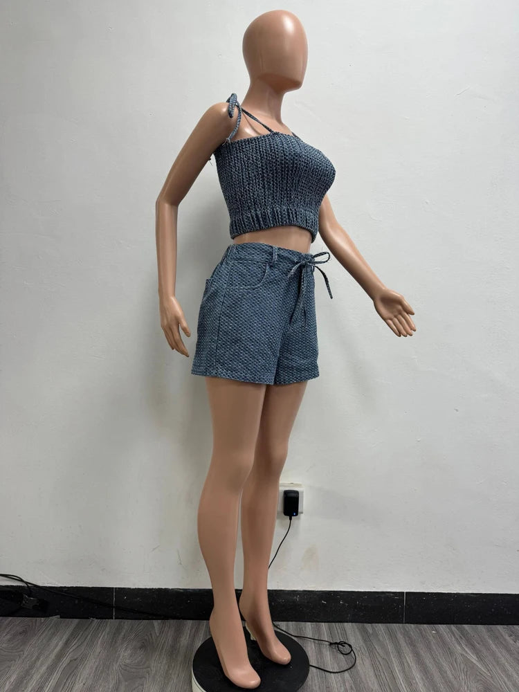 Sexy Jeans Outfit Women Sets Sleeveless Strap Crop Top Shorts Suit 2025 Summer Clothing Casual Denim Short Two 2 Pieces Set